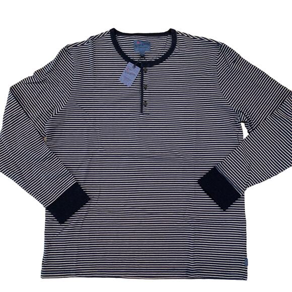 NWT - Lucky Brand Men's Navy and Cream Striped Henley Tee - SIZE XXL - Picture 2 of 9